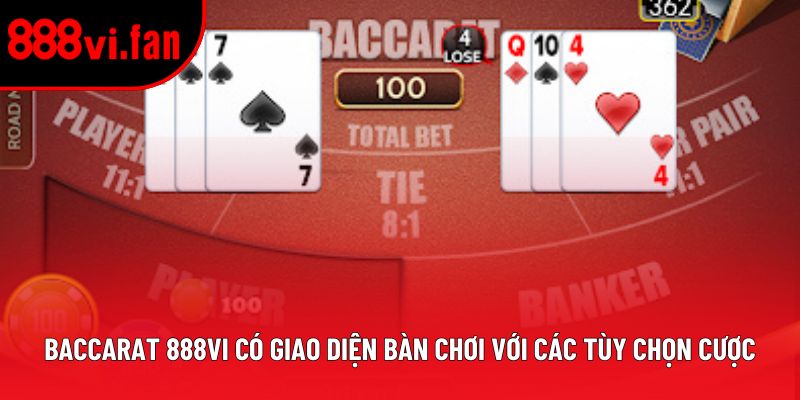 Baccarat 888vi có giao diện bàn chơi với các tùy chọn cược